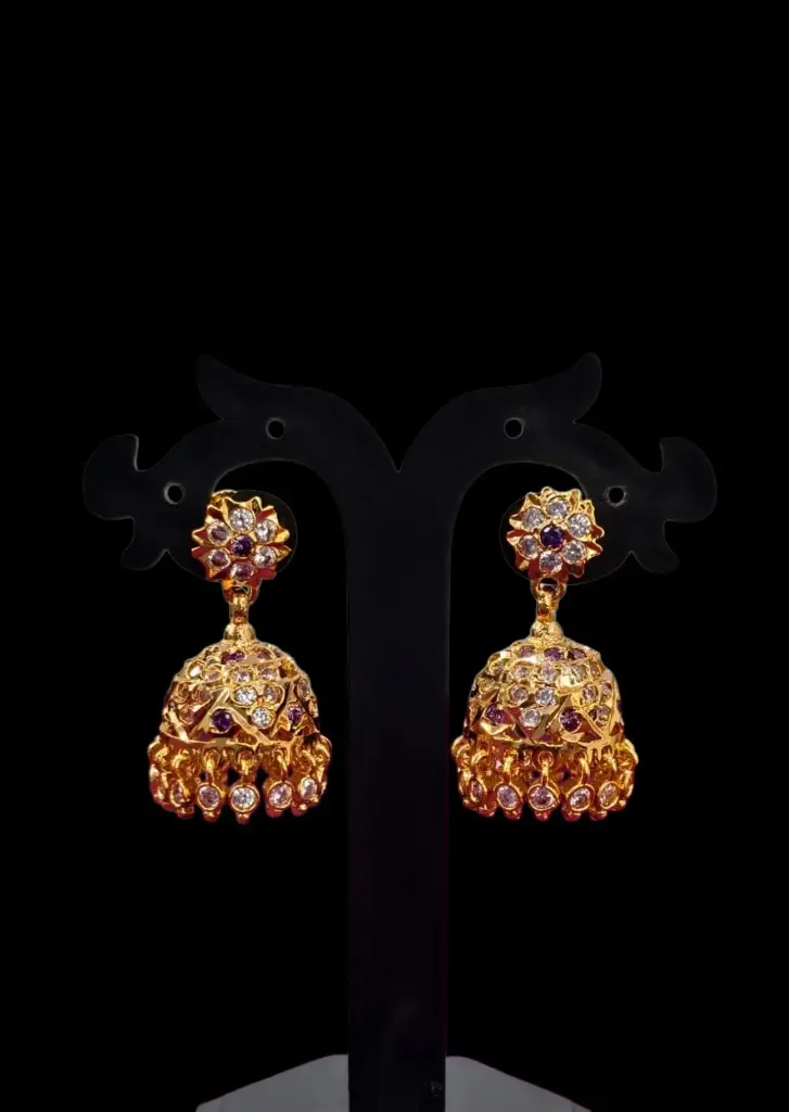 High Quality Impon Panchaloha Jhumkas With Purple White Stone