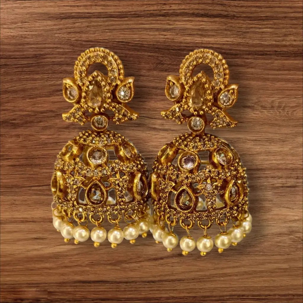 Antique Finished Full White Stone Jhumka 