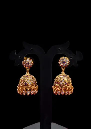 High Quality Impon Panchaloha Jhumkas With Purple White Stone