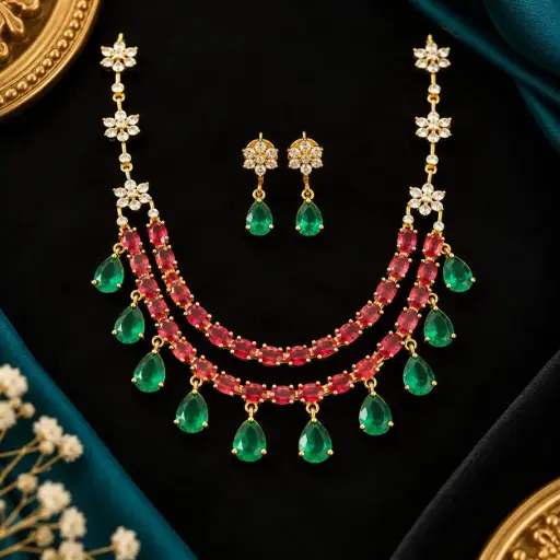 Ruby Pink & Emerald Green Two Layer Necklace Set